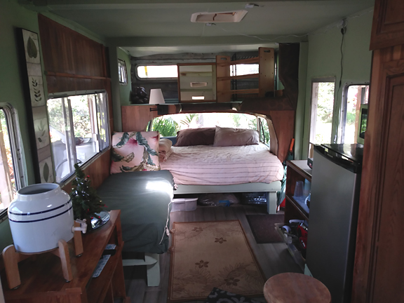 Main RV bedroom and kitchen