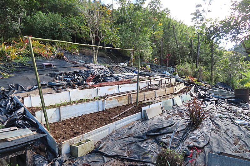 black weed cloth and tiers of white metal framing garden